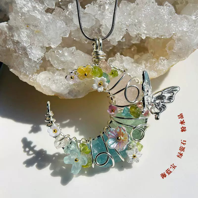 水晶原石项链月亮手工绕线吊坠毛衣链粉水晶绿萤石海蓝宝花间月