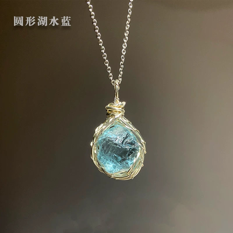 手工绕线琉璃项链吊坠菱形圆形湖水蓝清水蓝项链首饰湖蓝蛋白礼物