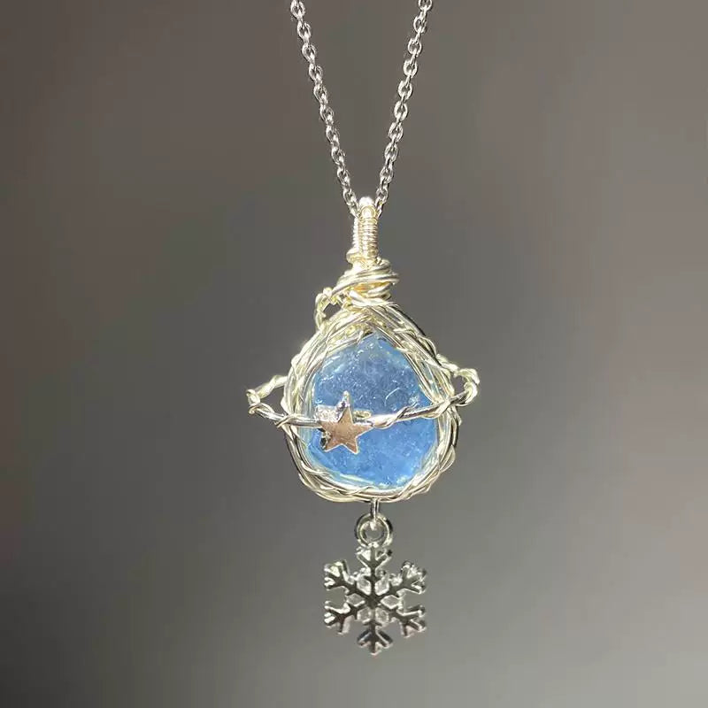 天然原石水晶海蓝宝纯手工绕线项链锁骨链吊坠星芒挂坠定制高级感